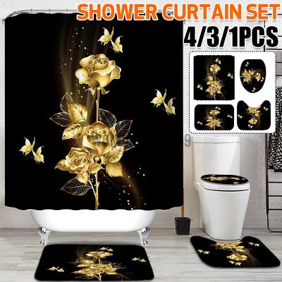 ▼ 4/3/1 Pcs Toilet Lid Cover and Bath Mat Gold Rose Shower Curtain Sets with Non-Slip Rug Rose Shower Curtain with 12 Hooks Waterproof Raindrops Shower Curtain for Bathroom