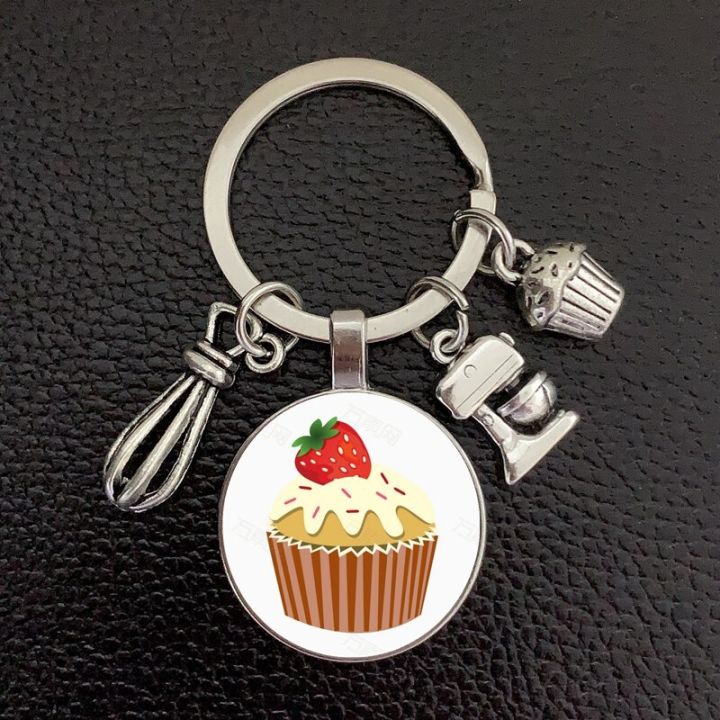 new-cake-cup-keychain-cute-dessert-glass-convex-round-pendant-metal-keychain-daughter-cake-shop-handmade-gifts-for-customers-key-chains