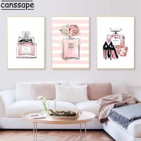 Modern Poster Pink Perfume Bottle Wall Art Painting High Heels Canvas Art Print Fashion Wall Pictures For Living Room Decoration Wall Décor