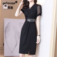 ZZOOI Elegant Fashion Solid Gauze Sequined Zipper Dresses Summer 2022 Commute Short Sleeve V-Neck Slim Tunic Midi Dress Women Clothing