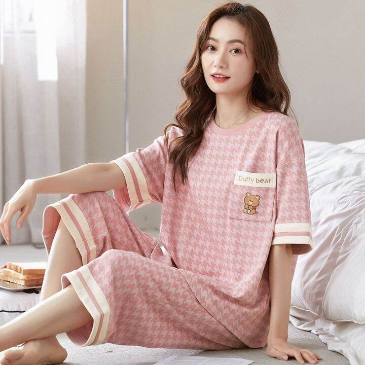 100 cotton pajamas women's summer shortsleeved cropped pants pure