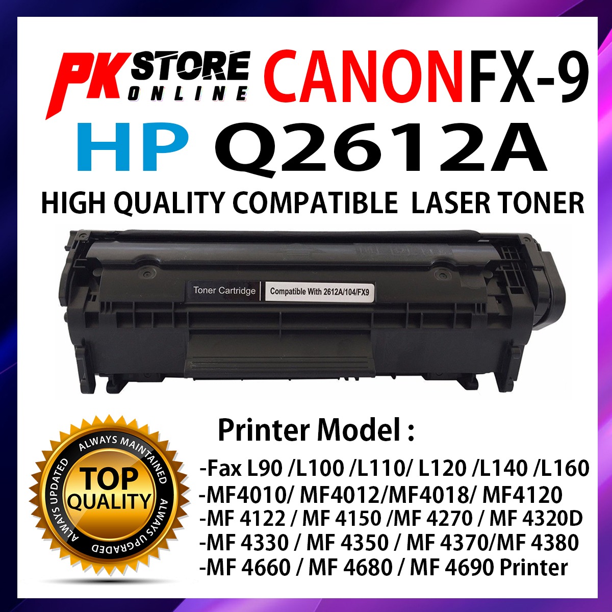 UNIV with Q2612A On-Site Laser Compatible Toner Replacement FX9 FX10 C104 Works with: Fax L90 L100 Faxphone L120 imageCLASS MF4150 MF4690 I-Sensys 4120 4140 4150 Satera MF4130 MF4150 MF6570 Black