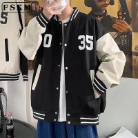 แจ็คเก็ต Bomber Jket แบบเกาหลีสำหรับผู้ชายเสื้อแจ็คเก็ตตัวแทนทีมบาสเก็ตบอลเบสบอลลำลองทรงหลวม