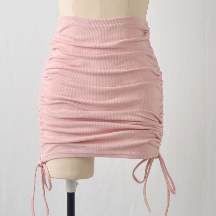 Women's Mini Short Skirt Summer Ruched Drawstring Knot Rib-Knit