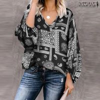 COD dhdfxcz ZANZEA Women 3/4 Sleeved Retro Printed Loose V-Neck Casual Blouse