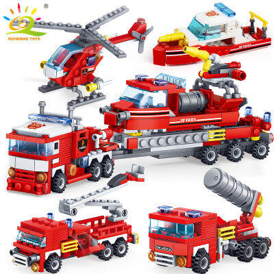 ใหม่ HUIQIBAO 348Pcs Fire Fighting 4in1รถบรรทุกรถเฮลิคอปเตอร์เรือบล็อกอาคาร City นักผจญเพลิงตัวเลข Man อิฐของเล่นเด็ก