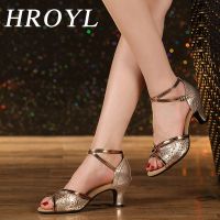 hot【DT】 HROYL women Latin Shoes Ladies Tango Ballroom comfort Mesh Sequins dancing shoes Heels 3.5/5.5CM soft bottom fashion