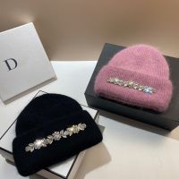 【YD】 French light luxury shiny rhinestone rabbit hair knitted hat womens autumn and winter fashion foreign style warm wool