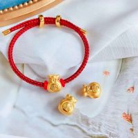 1PCS Pure 24K Yellow Gold Jewelry Real 24K Yellow Gold Bracelet For Women Red Wire Rope with Luck Coin Bag Females Bracelet Charms and Charm Bracelet