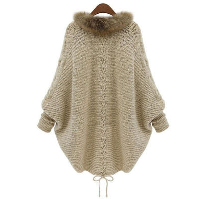 Womens Spring And Autumn New Artificial Fur Collar Bat Sleeve Knitted Cardigan Retro Sweater Coat Warm Extra Large Cardigan XL