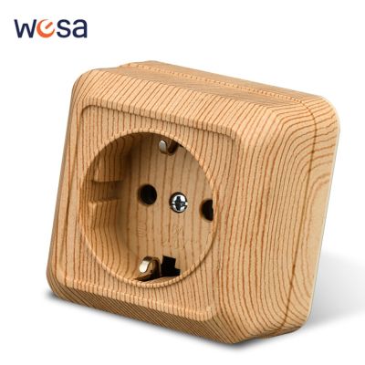 WESA Wood Wall Mount Socket EU Standard Electrical Outlett Ground Vintage Imitation Wooden Power Socket Flame Retardant Plastic