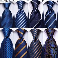 ◇❐♣ Hi-Tie Striped Solid Navy Blue Silk Mens Wedding Tie Gift Necktie For Men Quality Hanky Cufflink Business Party Fashion Designer