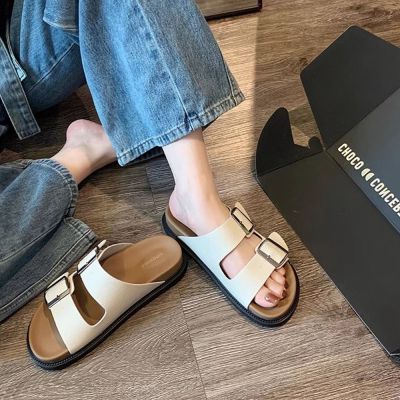 [Hot Sale]Sandals and slippers women Korean version of Birkenstock 2023 summer new round head one word with square buckle casual outer sandals