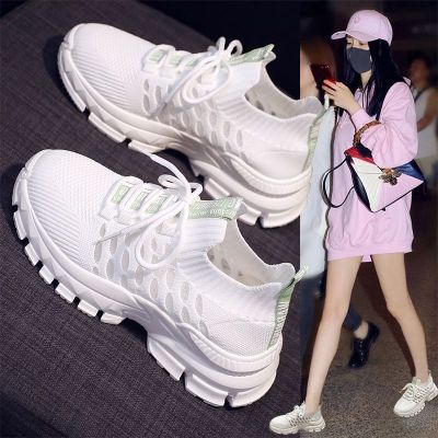 รองเท้าถักรองเท้ากีฬากลวงรองเท้าผู้หญิง 2023 รองเท้าตาข่ายฤดูร้อนสไตล์ใหม่รุ่นฤดูร้อนแบบบาง Feizhi Daddy Xiaobai