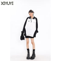 Xiyuyuyi เสื้อโปโลคอปกแบบเสื้อกันหนาวมีซิปแถบผ้าตัดสีขาวและดำ
