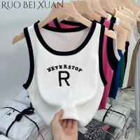 Ruo Bei Xuan เสื้อกล้ามคล้องคอถักเซ็กซี่ขนาดเล็กเสื้อผ้าผู้หญิงสไตล์หวานเจ๋งเครื่องเทศดีไซน์สาวเสื้อแขนกุดสั้นแบบเฉพาะกลุ่ม