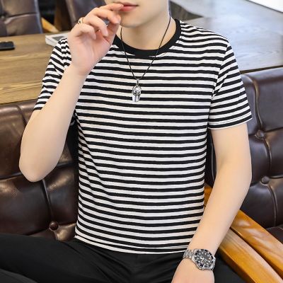 [COD] new mens short-sleeved t-shirt striped T-shirt male student bottoming wholesale