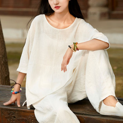 เสื้อสีทึบผ้าคอตตอนสไตล์เกาหลีและผ้าลินินเสื้อสวมศีรษะคอกลมผู้หญิงเสื้อลำลอง