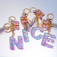 Shiny Purple Heart Sequin Resin Keychain Butterfly Tassel Pendant Keyring A to Z Letter Key Holder for Women Handbag Accessorie