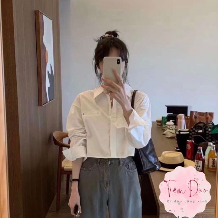 Áo sơ mi nữ croptop dài tay vải thô nhiều màu phong cách Ulzzang trẻ trung,  năng động hàng quảng châu cao cấp 