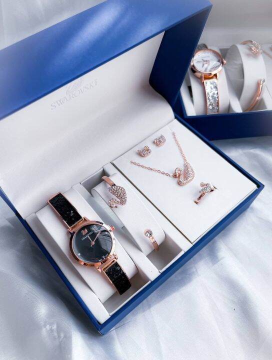 new-set-นาฬิกา-เครื่องประดับ-swarovski-สแตนเลส-งาน-boxset-หรูหราเหมือนเดิม-ตัวนาฬิกาเป็รเพชรรอบวง-มาพร้อมกล่อง
