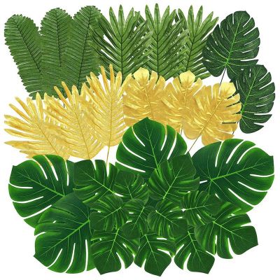 100 Pcs Artificial Palm Leaves Tropical Leaves, Leaf Gold and Green Faux Leaves for Hawaiian Party Table Decoration
