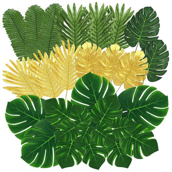 100-pcs-artificial-palm-leaves-tropical-leaves-leaf-gold-and-green-faux-leaves-for-hawaiian-party-table-decoration