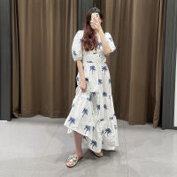 JUNWU Summer Women White Blue Embroidery V-Neck Elastic Waist Aline Long Dress Cascading Ruffled Short-Sleeved Dress Za Holiday