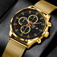 {Miracle Watch Store} หรูหราผู้ชายแฟชั่นกีฬานาฬิกาสำหรับผู้ชายธุรกิจสแตนเลสตาข่ายเข็มขัดควอตซ์นาฬิกาข้อมือผู้ชายหนังนาฬิกา R Eloj Hombre