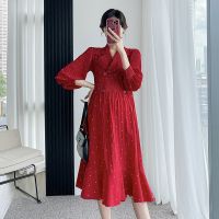 Maternity Clothes Spring &amp; Autumn New Fashion Double Breasted Pleated Elegant Formal Red Polka Dot Long Sleeves Pregnancy Dress