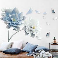 ☈✻✴ Large White Blue Flower Lotus Butterfly Removable Wall Sticker 3D Wall Art Decals Mural Art for Living Room Bedroom Home Decor