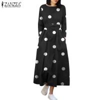 ✌ ZANZEA Women Elegant Fashion Long Sleeve Polka Dots Printed O-Neck Casual Maxi Dress