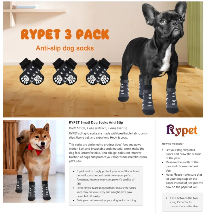  Rypet Anti Slip Dog Socks 3 Pairs - Dog Grip Socks with Straps  Traction Control for Indoor on Hardwood Floor Wear, Pet Paw Protector for  Small Medium Large Dogs M 
