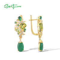 SANTUZZA 925 Sterling Silver Earrings For Women Sparkling Green Gemstones White CZ Gold Color Drop Earrings Trendy Fine Jewelry