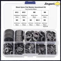 JINGWEI 580Pcs สีดำสีดำ เครื่องซักผ้าไนลอน M2 M2.5 M3 M4 M5 M6 M8 M10 M12 9ขนาด ปะเก็นสเปเซอร์กันรั่ว พร้อมกล่องเก็บของ แหวนวงแหวน การเชื่อมต่อไฟฟ้า