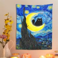 Van Gogh The Starry Night Cat Tapestry Moon Cat Art Funny Cat Print Throw Blanket Bohemian Gift Home Decor Wall Hanging Tapestries Hangings