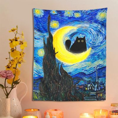 Van Gogh The Starry Night Cat Tapestry Moon Cat Art Funny Cat Print Throw Blanket Bohemian Gift Home Decor Wall Hanging Tapestries Hangings
