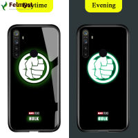 สำหรับ OPPO Realme 5 Pro ส่องสว่างเรืองแสงในที่มืดเคสมือถือ Marvel Avenger โลโก้ซูเปอร์ฮีโร่เคสมันวาวสไปเดอร์แมนไอรอนแมนกระจกเทมเปอร์ธอร์เคสฝาหลัง