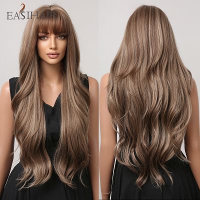 EASIHAIR วิกผมผมเป็นลอนธรรมชาติแบบยาววิกผมสังเคราะห์สีบลอนด์ผสมสีน้ำตาลสำหรับผู้หญิงผิวดำทนความร้อนได้สำหรับคอสเพลย์ทุกวัน