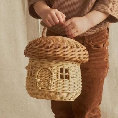Mushroom Basket Rattan Wicker Bag Hand Woven Storage Baskets Beach Straw Bags Ventilate Box for Kids Photograph Summer Vacation