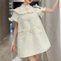 Satin Dresses For Women New Small Stand Collar Vintage Improved Cheongsam Bead Button Ruffles Straight Lady Summer Dress