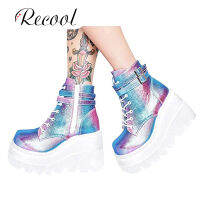 *Recool รองเท้าบู๊ตรถจักรยานยนต์ผู้หญิงรอบ Toe หนาแพลตฟอร์มกันน้ำรองเท้า Lace-Up ข้อเท้ารองเท้าแฟชั่น Party รองเท้า