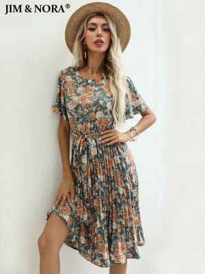JIM &amp; NORA Butterfly Short Sleeve Floral Printed Pleated Dress Casual Round Neck Belt Knee Length Dresses For Women 2022 Summer