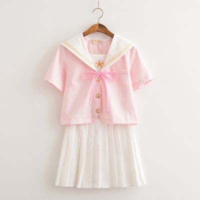 ☒ Japanese soft sister jk uniforms suit summer school classes students navy sailor girl dress preppy pink short-sleeved