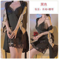 2023 Hot Silky Satin Lace With Chest Pad Sexy See-Through Backless Strap Nightdress Outerwear Gown Homewear Suit 3324