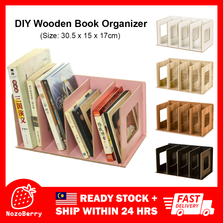 DIY Wooden Book Organizer Desktop Book Rack Book Shelf CD Organizer Office File Storage Rak Buku