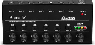 Bomaite BX600 Professional Mini Audio Mixer Line Mixer, DC 5V, 6-Stereo Ultra, Low-Noise 6-Channel for Sub-Mixing, Ideal for Small Clubs or Bars, As Guitars, Bass, Keyboards Mixer
