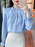 H Han Queen 2023 New Spring Autumn Blusas Korean Bow Blouse Chic Simple Tops Long Sleeve Casual Work Loose Women Chiffon Blouses