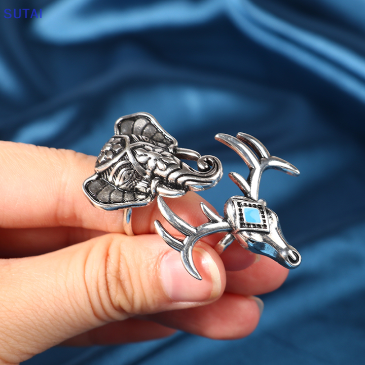lowest-price-sutai-boho-แหวนหัวกวางช้างชุบสีเงินสำหรับผู้หญิงปรับได้แหวนเปิดนิ้วโลหะวินเทจของขวัญสำหรับงานเลี้ยง