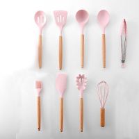 QTCF-Pink Cooking Tools Set Premium Silicone Utensils Set Turner Tongs Spatula Soup Spoon Non-stick Shovel Oil Brush Kitchen Tool